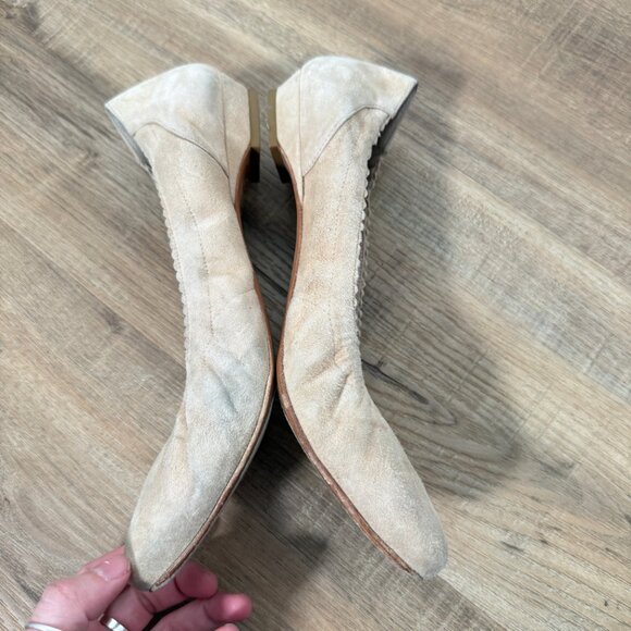 Jacques Loup Cannes Suede Tan Ballet Flats Leather Scalloped Edge Feminine 39 - Picture 2 of 8